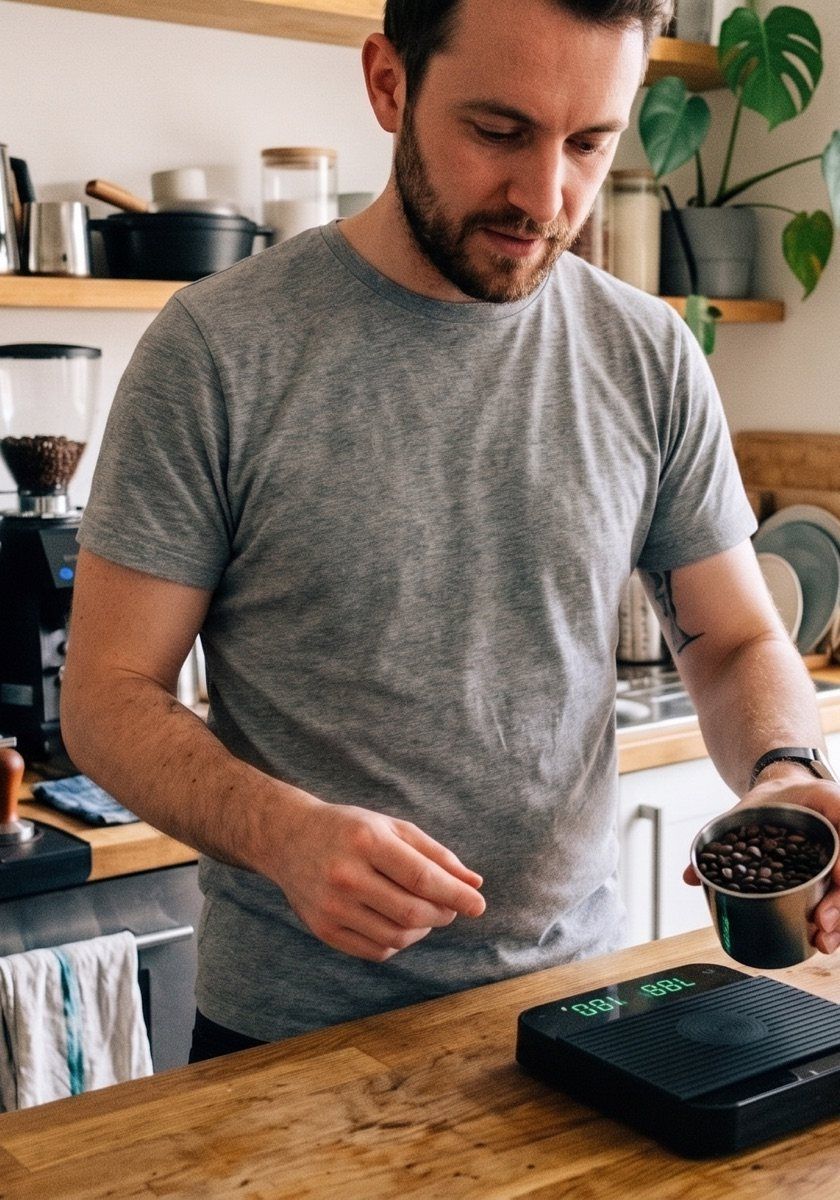 Thuisbarista weegt gemalen koffie af naast zijn molen