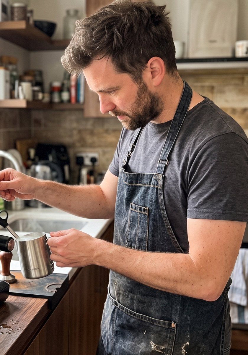 Thuisbarista stoomt melk op zijn espressomachine