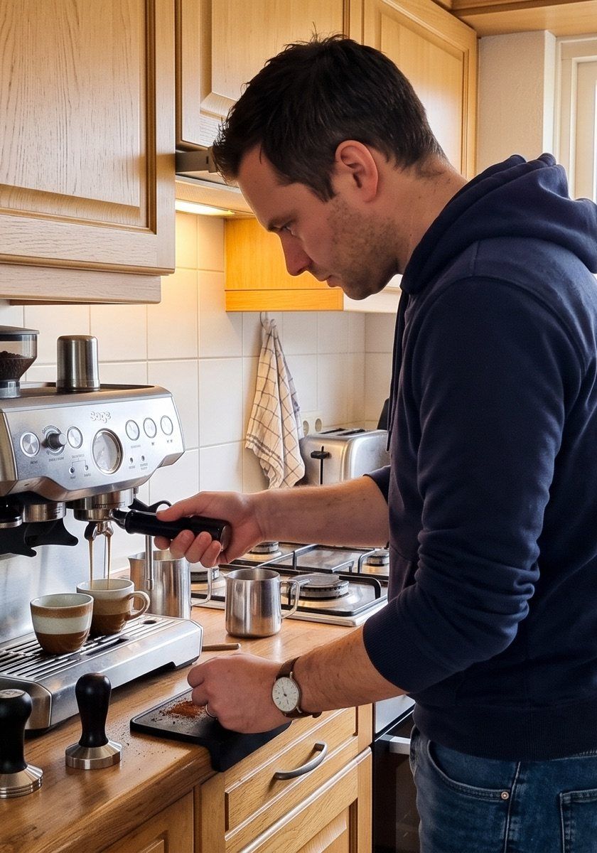 Espresso loopt in een kopje terwijl een thuisbarista toekijkt