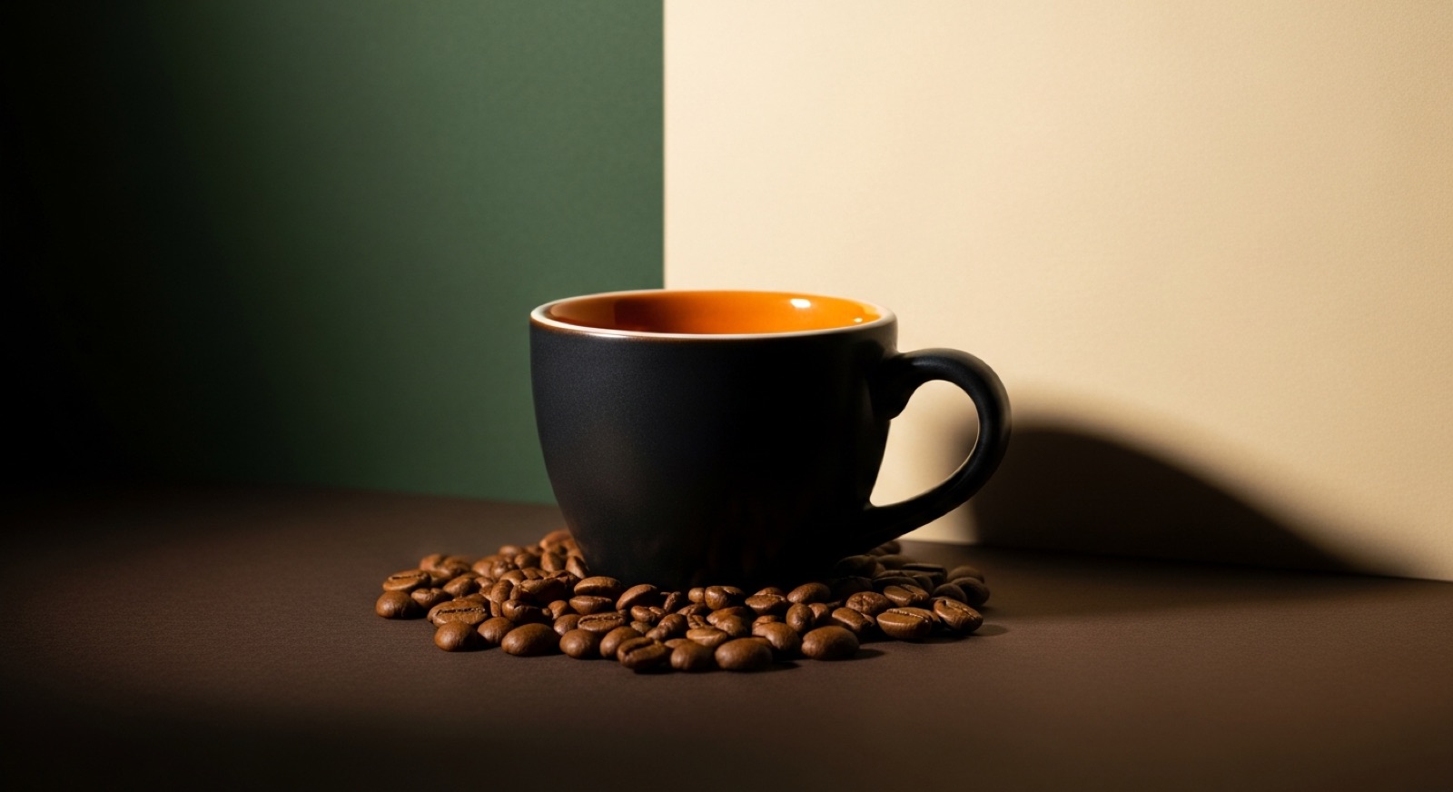 Vers gezette espresso met licht gebrande koffiebonen op een warm aanrecht