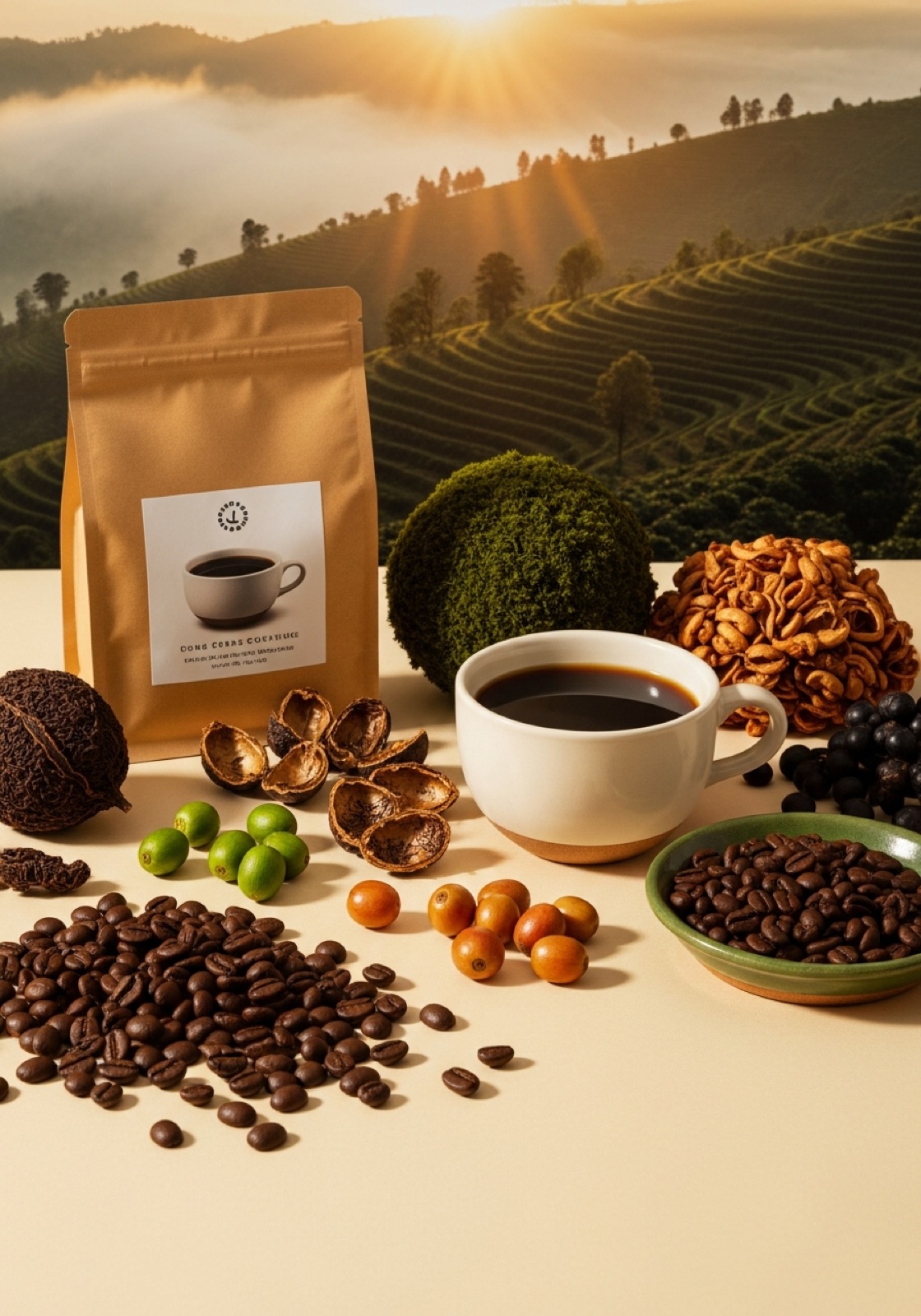 Koffieplanten op hoogte in de Braziliaanse hooglanden bij zonsopkomst