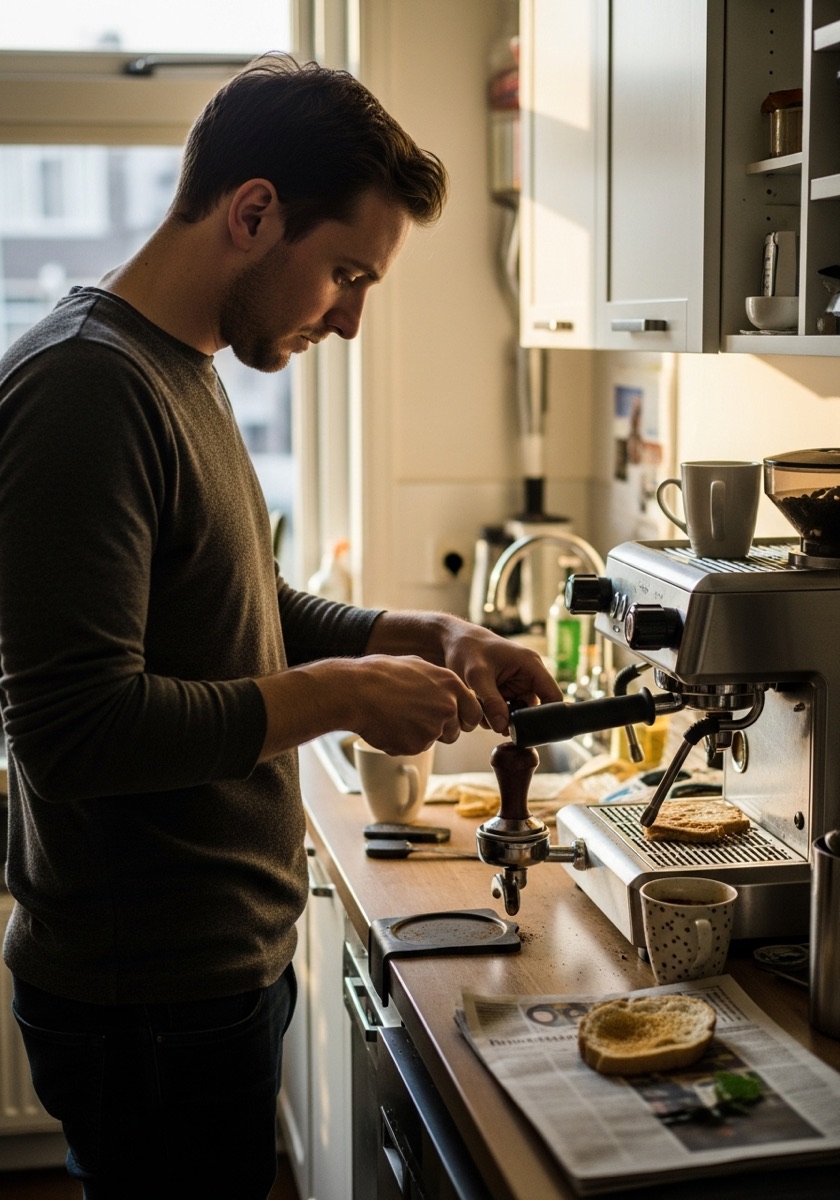 Thuisbarista tampt gemalen koffie naast zijn espressomachine in de ochtendzon