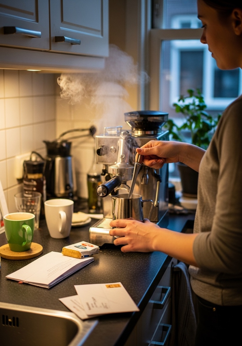 Thuisbarista stoomt melk op haar espressomachine in de avondkeuken