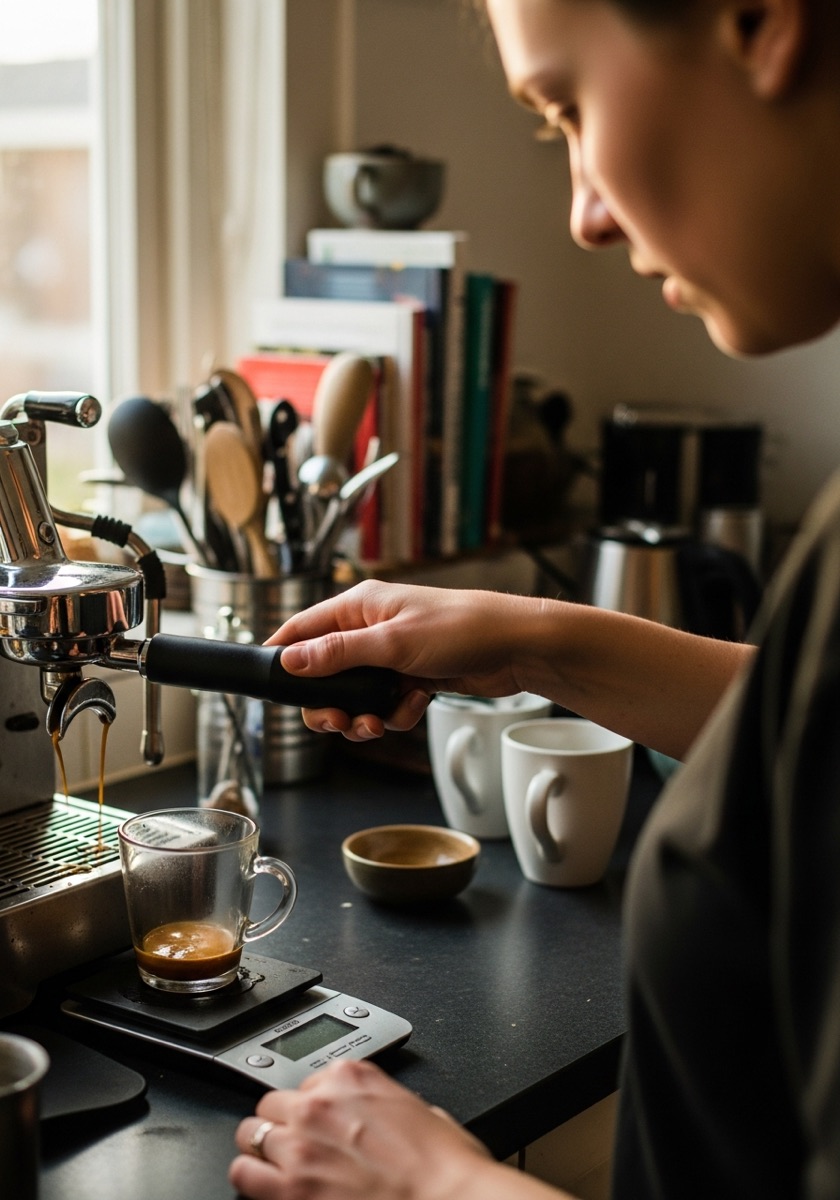 Espresso loopt in een glas op een weegschaal terwijl een thuisbarista toekijkt