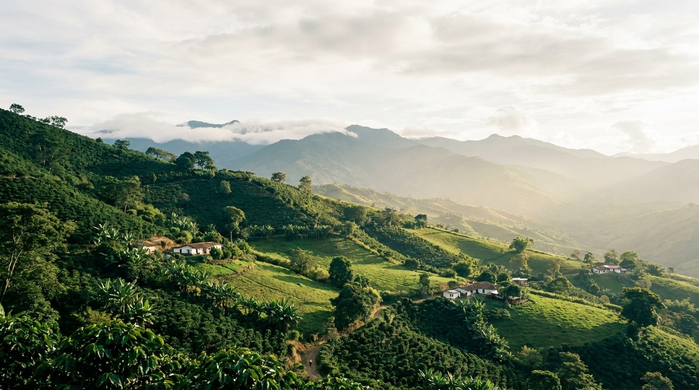 Steile koffieheuvels met kleine boerderijen in Huila, Colombia