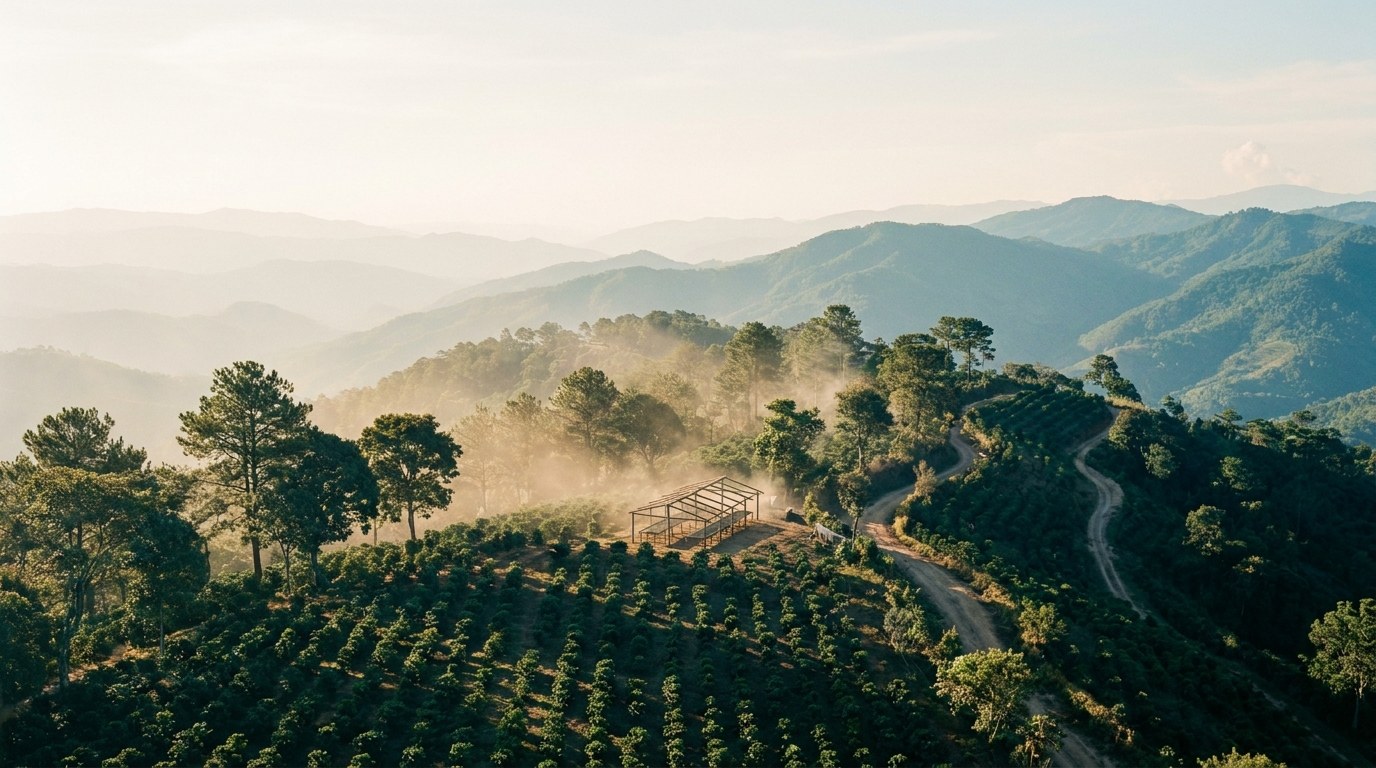 Koffieboerderij op een beboste bergrug in het hoogland van Honduras