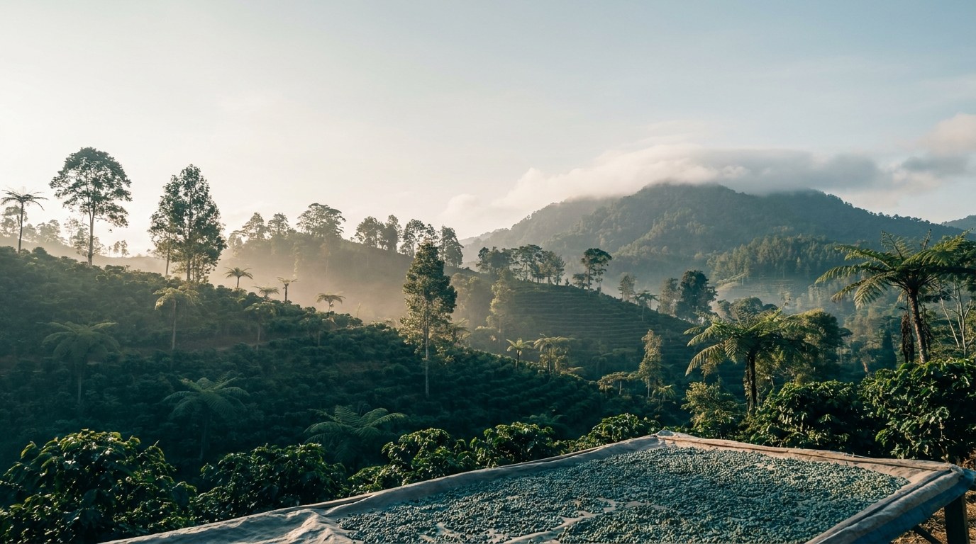 Koffiestruiken en vulkanische bergen op het Gayo-plateau in Sumatra