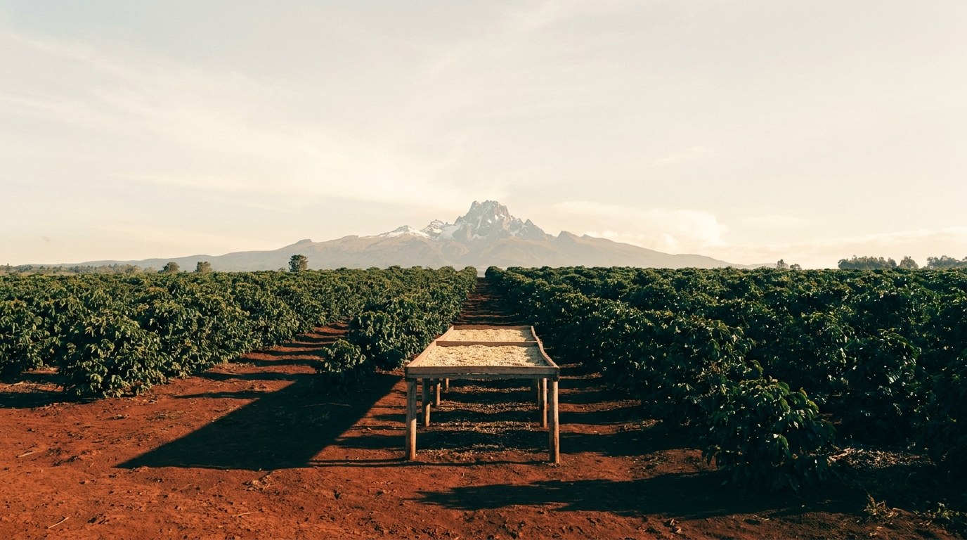 Koffiestruiken op rode vulkanische grond bij Mount Kenya, regio Nyeri