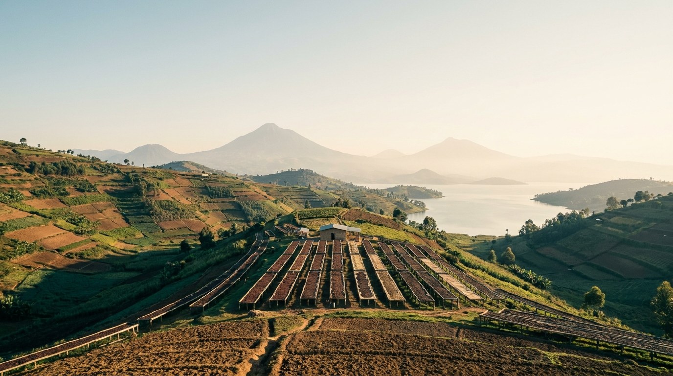 Kleine koffiepercelen op groene heuvels langs Lake Kivu in Rwanda