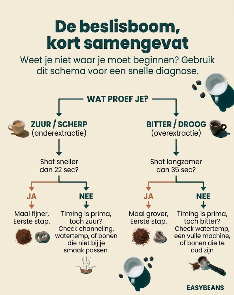 Beslisboom: proef je zuur of bitter, check de extractietijd en volg JA of NEE naar de fix